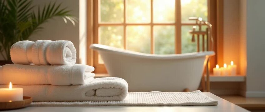 Luxurious spa scene with flickering candlelight and gently swaying leaves, slow pan across plush towels and elegant bathtub, cinematic style, inviting relaxation and tranquility.