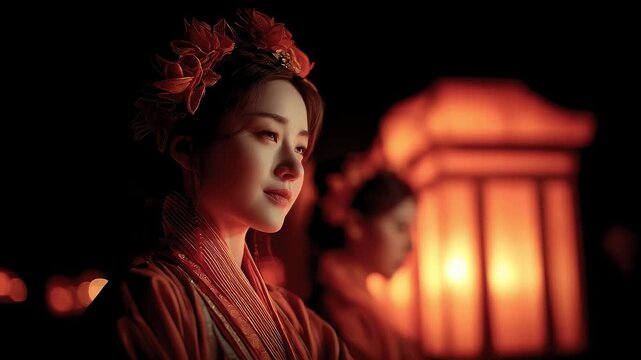 Tang Dynasty Woman Smiling Back with Lantern at Night