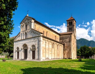 Fototapeta premium Stone cathedral with multiple arches, a tower, and cross in bright sun