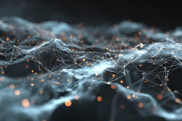 Virtual network of interconnected servers revealing data flow and connection points in a digital landscape at night within a technological environment