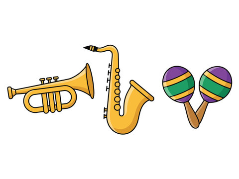 A cartoon illustration of a trumpet, saxophone, and a pair of maracas isolated on a white background.