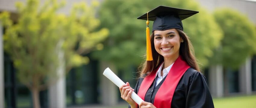 Graduation celebration with student joyfully holding diploma, as camera gently pans across scenic campus; trees sway softly in background, creating a cinematic, inspiring atmosphere. - Powered by Adobe