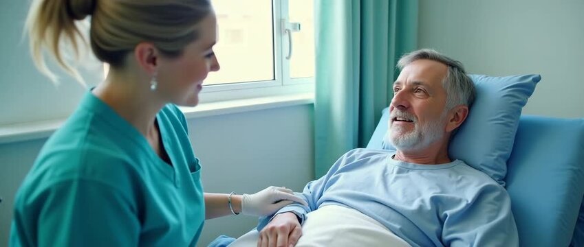 Nurse smiling gently while caring for a patient, with soft ambient light flickering through hospital curtains, camera slow panning for a serene, cinematic healthcare scene.