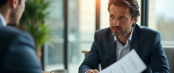 Professional businessman in a modern office engages in a focused discussion, camera slowly pans to capture ambient light filtering through windows, creating a cinematic, corporate atmosphere.