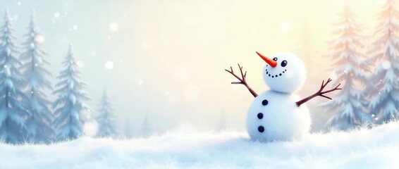 Cheerful snowman waves joyously in a serene winter landscape, as soft snowflakes drift gently and the camera slowly pans, capturing the tranquil, cinematic snowfall ambiance. - Powered by Adobe