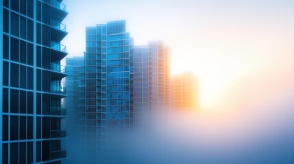 Light mist enveloping city buildings at dawn, creating a soft and moody urban morning.