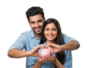 Couple holding a piggy bank in the shape of a heart transparent background cutout png