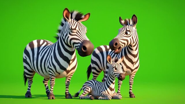 Cartoon Zebra Family Portrait on Green Screen: Parents and Baby Foal Isolated