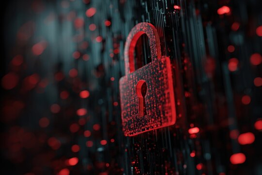 Vertical panorama banner showcasing cybersecurity information with a focus on digital security and protection against online threats in a stylized red and black design