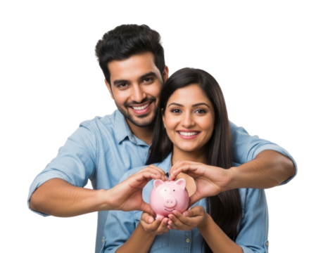 Couple holding a piggy bank in the shape of a heart transparent background cutout png - Powered by Adobe