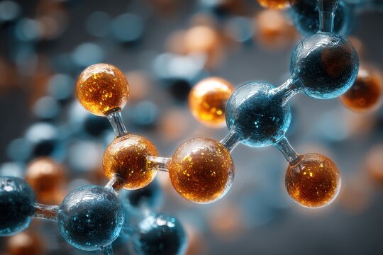 Detailed abstract rendering showing a complex molecular structure built from colorful spheres representing atoms, emphasizing connectivity and molecular interactions