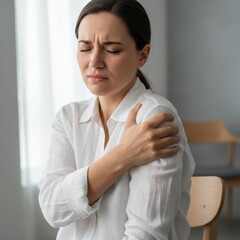 Woman suffering from acute shoulder pain, holding arm in agony