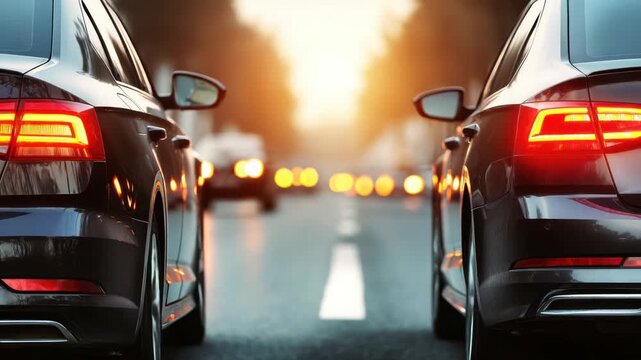 Two dark sedans driving parallel on a sun-drenched road, focusing on tail lights