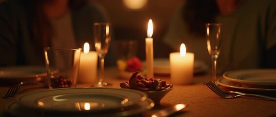 Cinematic candlelit dinner scene with gentle flickering lights and a slow pan across a beautifully set table, creating an intimate ambiance perfect for romantic dining stock footage.