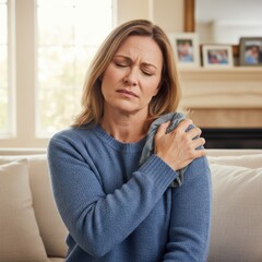 Woman suffering from acute shoulder pain at home, applying compress