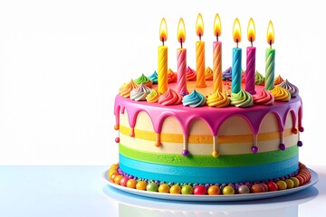 Birthday Cake with Candles Isolated on White Background, Ai Generated