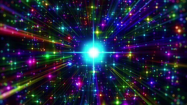 Vibrant neon particle trails form a dynamic hyperspace tunnel with rainbow flare effects in this seamless looping animation