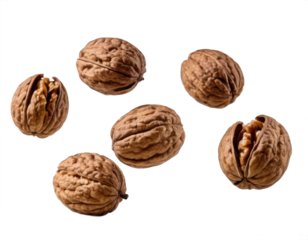 a handful of walnuts in the air, transparent background