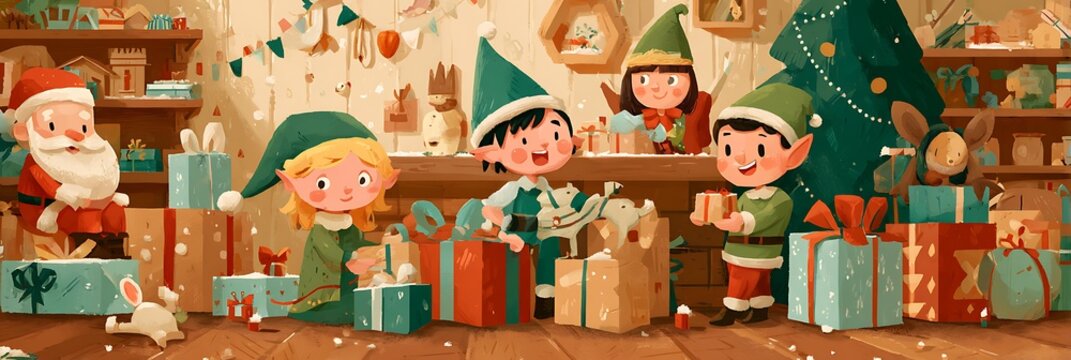 santa claus workshop banner with elves making toys and wrapping gifts vector