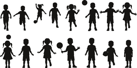 “Active children silhouette running playing with ball energetic kids group vector illustration sports activity joyful childhood movement collection”