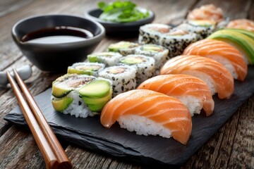 Delicious sushi arrangement featuring salmon and avocado on a rustic wooden table with soy sauce and garnishes