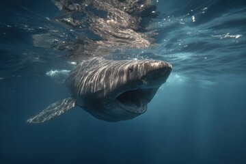 Basking shark filter feeding underwater in a clear ocean environment, showcasing its large mouth and unique features during daylight hours