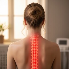 Female displaying painful red spine, symbolizing medical back issue