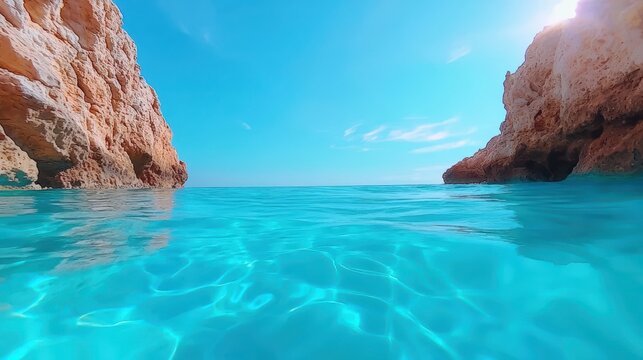 Clear blue water in a quiet bay surrounded by rocky cliffs and bright sky