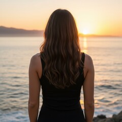 Woman watching golden sunset over ocean horizon at dusk calmly