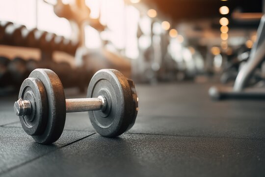 Dumbbell resting on gym floor with gym equipment and weights in background during workout session at fitness center - Powered by Adobe