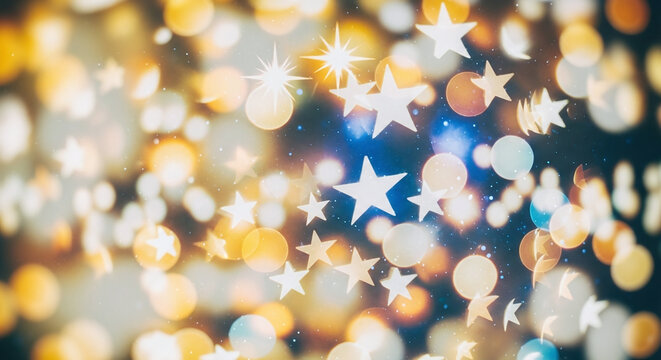 Abstract background with glowing bokeh lights and stars, festive and magical atmosphere