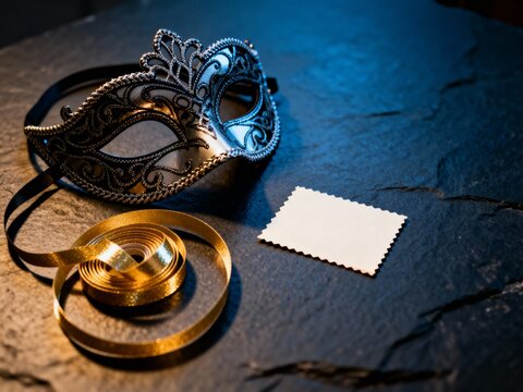 Venetian Masquerade Mask with Blank Invitation Card and Gold Ribbon