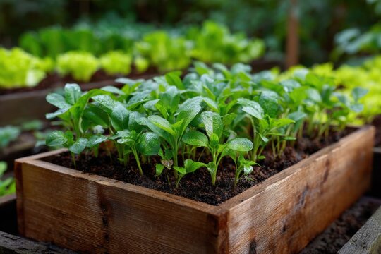 Healthy basil and lettuce seedlings growing in a wooden crate under natural light in a thriving garden - Powered by Adobe