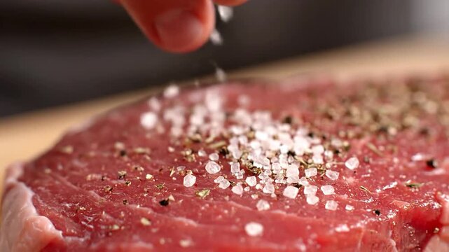 Close up of a chef seasoning a raw beef steak with salt and pepper.