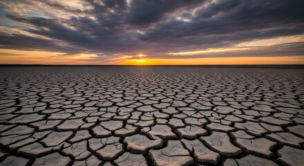 Stunning sunset over cracked earth landscape, symbolizing drought and climate change issues with dramatic sky and desolate arid land for environmental campaigns