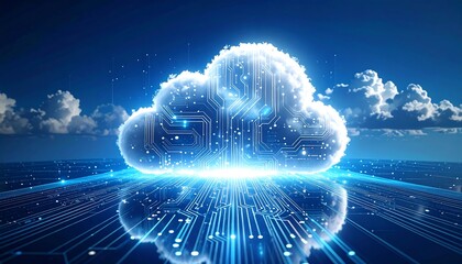A stylized cloud shape glows brightly, composed of circuit board elements over a reflective digital surface against a blue sky