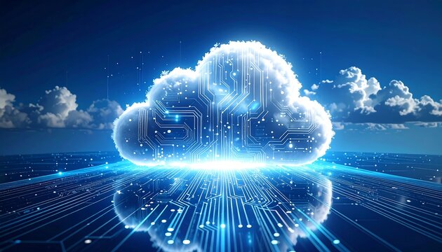 A stylized cloud shape glows brightly, composed of circuit board elements over a reflective digital surface against a blue sky