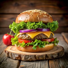 Classic Cheeseburger with Fresh Ingredients on a Wooden Table