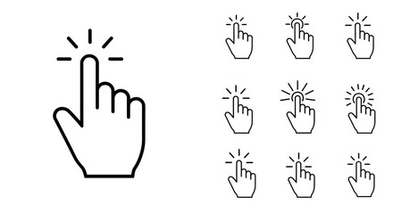 Outline illustration of a hand with finger touching or clicking with radiant effect, concept for user interface design, website navigation and interactive application