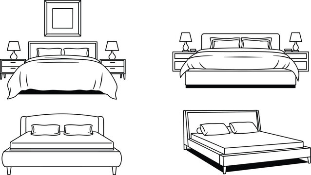 Bed vector illustration set, front and side views, bedroom furniture icons, headboard and pillow details, interior decor line drawing