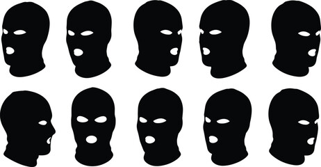 Black ski mask silhouettes, balaclava icon set, vector illustration, front and side views, criminal disguise, flat graphic design