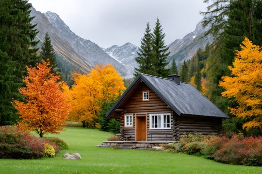 Log cabin in mountains with vibrant autumn foliage