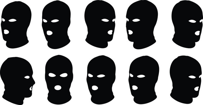 Black ski mask silhouettes, balaclava icon set, vector illustration, front and side views, criminal disguise, flat graphic design