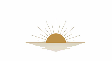 Minimalist golden sun rising over water, depicted with radiating lines above and horizontal waves below, concept for travel logo, wellness emblem and sunrise yoga studio
