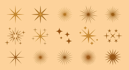 Collection of golden starburst and star shapes on a tan background, concept for festive decorations, branding elements and sparkling effects
