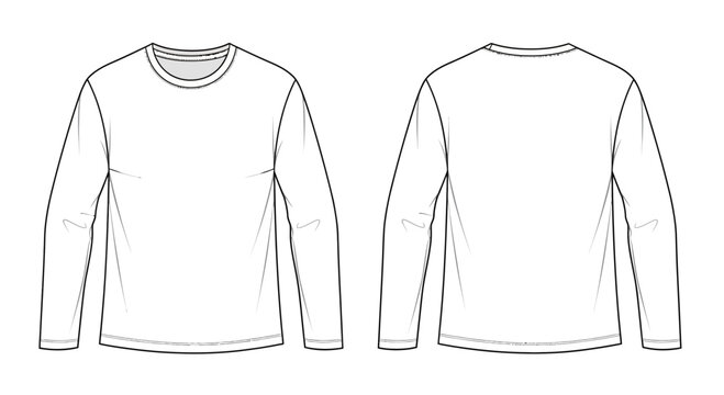 Outline drawing of a long-sleeved t-shirt, showcasing both the front and back views, concept for fashion design, apparel mockups and textile illustration