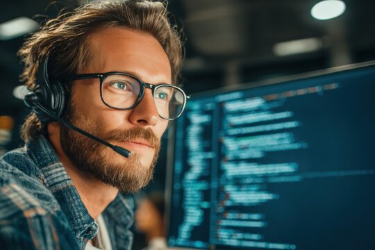 Technology support specialist helps customers solve technical issues while working at a desk with multiple screens and programming code visible in a modern office environment