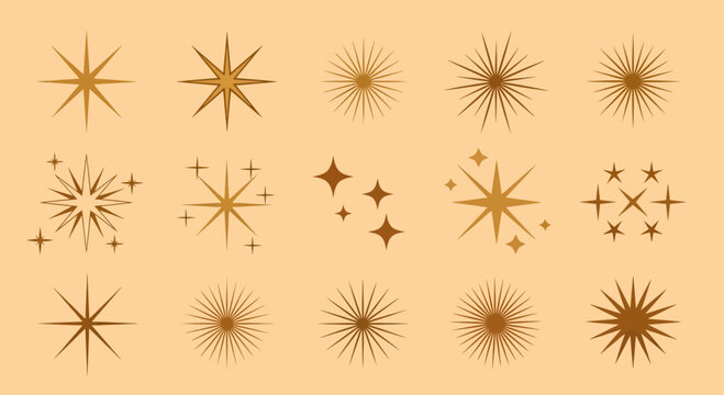 Collection of golden starburst and star shapes on a tan background, concept for festive decorations, branding elements and sparkling effects