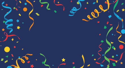 Naklejka premium Festive confetti and streamers on dark blue background, concept for birthday party, celebration invitation and holiday marketing