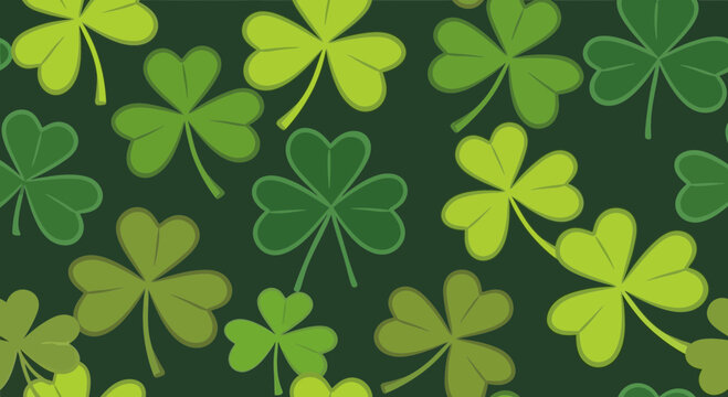 Seamless pattern of green shamrocks on a dark green background, concept for St. Patrick's Day celebration, Irish heritage and spring designs
